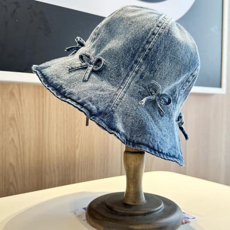 Sweet Cute Bow Retro Bucket Hat Do Old Denim Sunshade Foldable Sunscreen Hat Tide