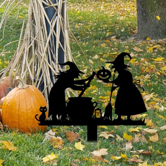 Halloween Garden Stake Metal Art Flying Witch Sign Skeleton Zombie