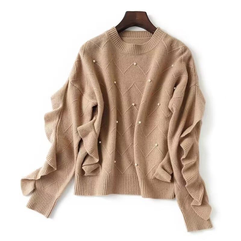 Heavy Industry Bead Crew Neck Knitted Sweater Women's Wear Autumn and Winter Fashion Splicing Fungus Edge Loose Long Sleeve Sweater