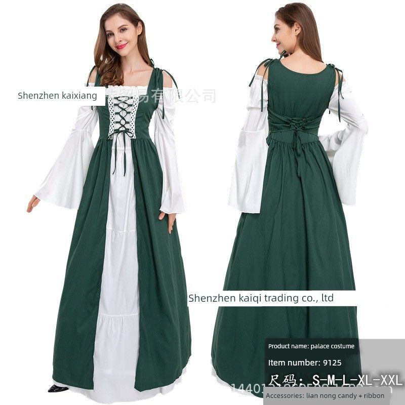 Halloween Costume Amazon Bestseller European and American Square-Neck Cinched Waist Medieval Renaissance Retro Dress Green XL
