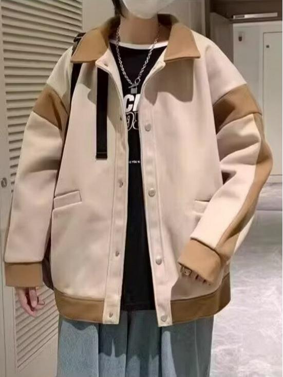 Men's Oversized Patchwork Wool Coat – Hong Kong Style Loose Fit Lapel Jacket, Trendy Korean Casual Design