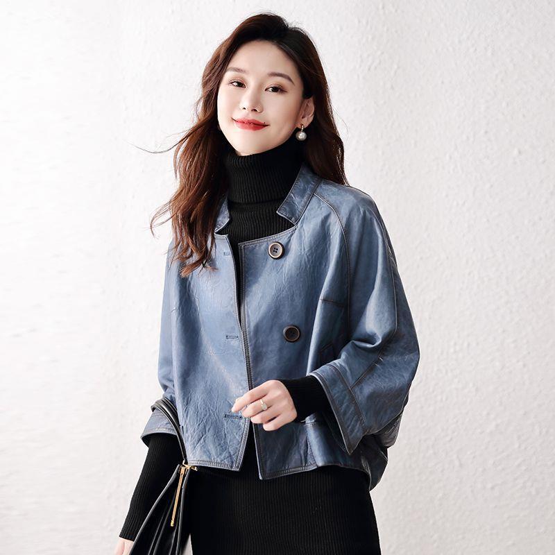 Genuine Leather Jacket Women's Short Spring and Autumn Loose Single Leather Cloak Sheepskin Retro Series Jacket