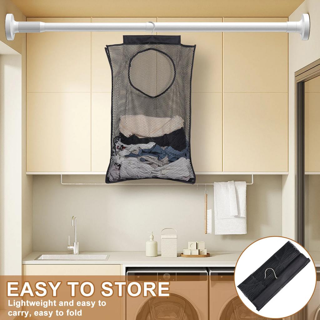 Dirty Clothes Storage Bag Basket Foldable Laundry Basket Wall Hanging Household Clothing Organizer with Hook Bathroom Mesh
