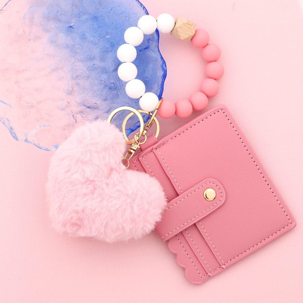 Silicone Beaded Leather Card Bag Keychain Solid Leather Leather Tassel Wallet Keychain  Casual Wear