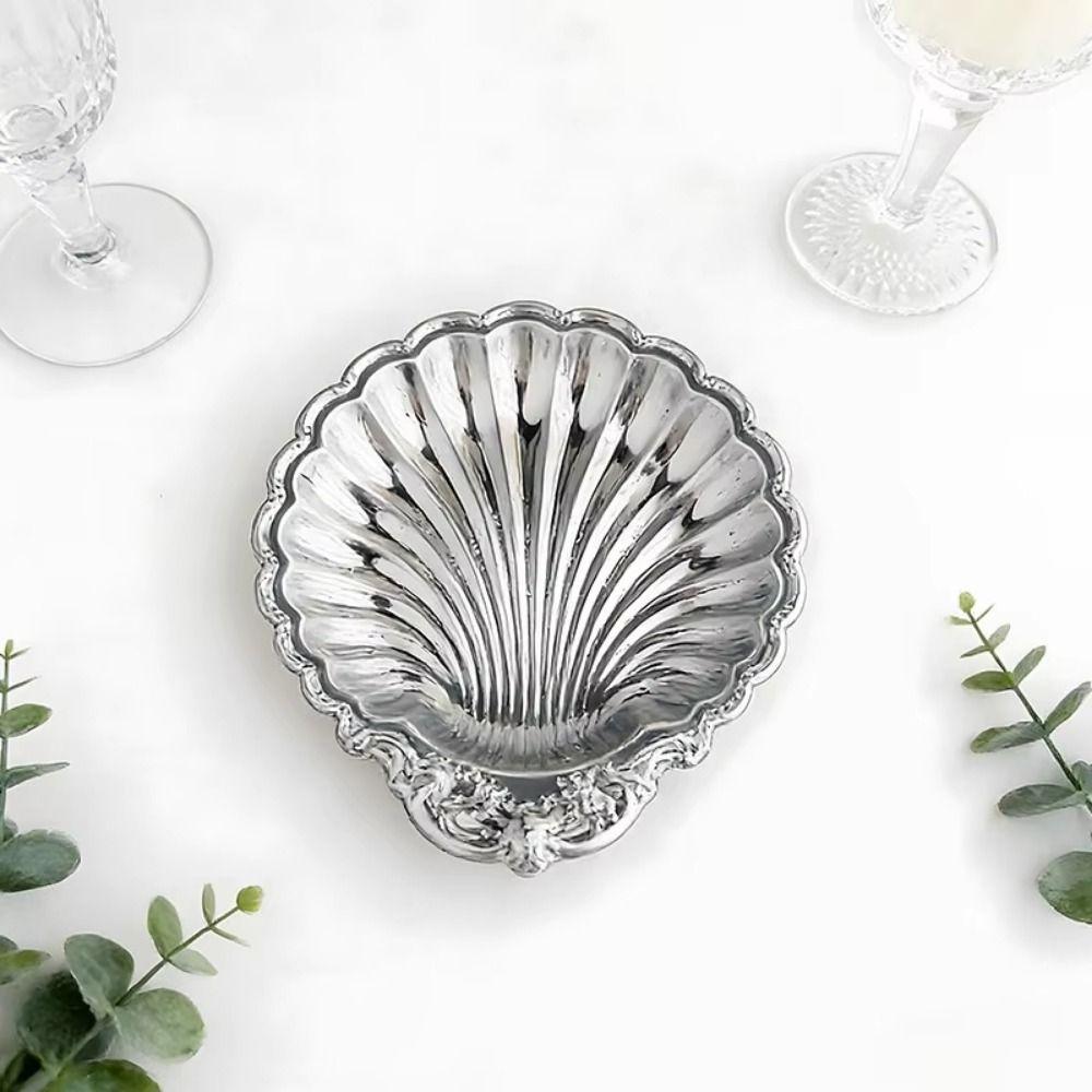 Vintage Dessert Plate Shell Shape Silver Color Embossed Food Tray Decorative Embossed Details Shell Shaped Dish Photo Props