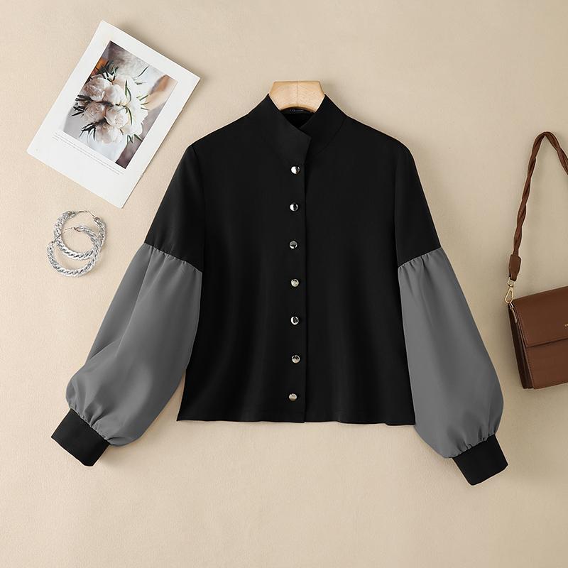 ZANZEA Women CasuaL Stand Collar Splice Puff Long Sleeve Blouse