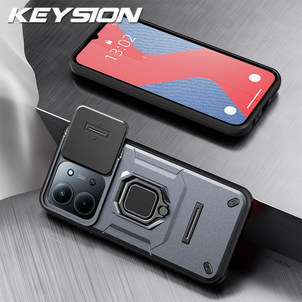 KEYSION Shockproof Armor Case for Redmi 15C 171mm 173mm Slide Camera Lens Protection Metal Ring Stand Phone Back Cover for POCO C85