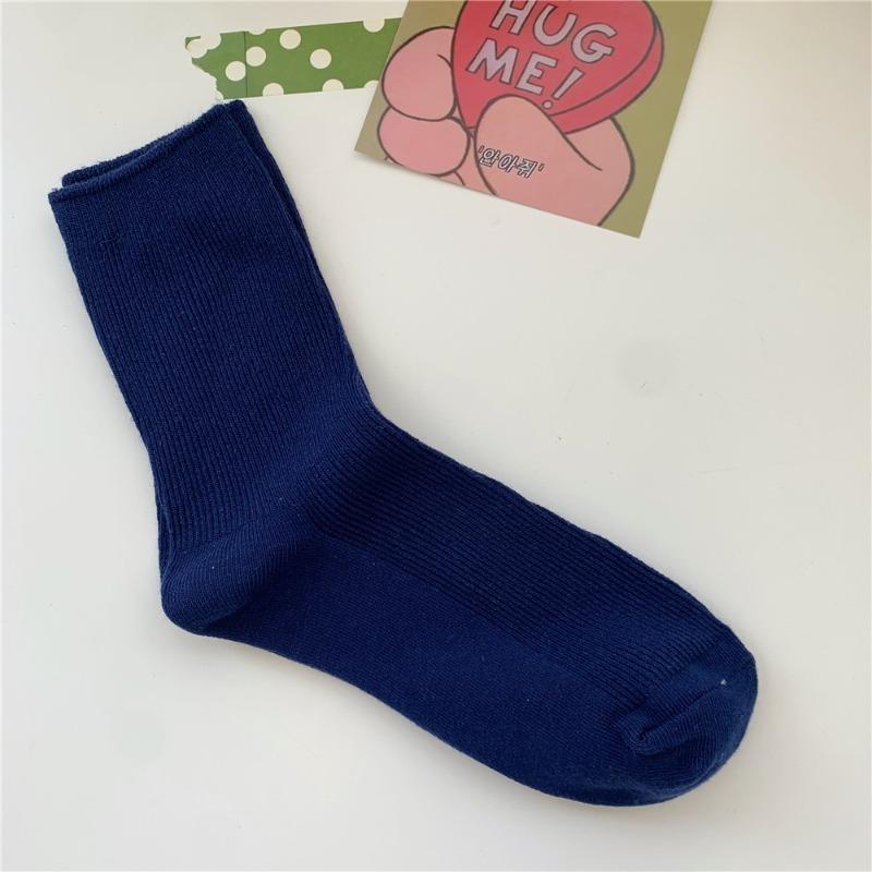 Bomull Ensfarvede Sokker for Kvinner, Høst Tynne Tynne Stripete Frotte-sokker for Kvinner, Midt-legg Sokker