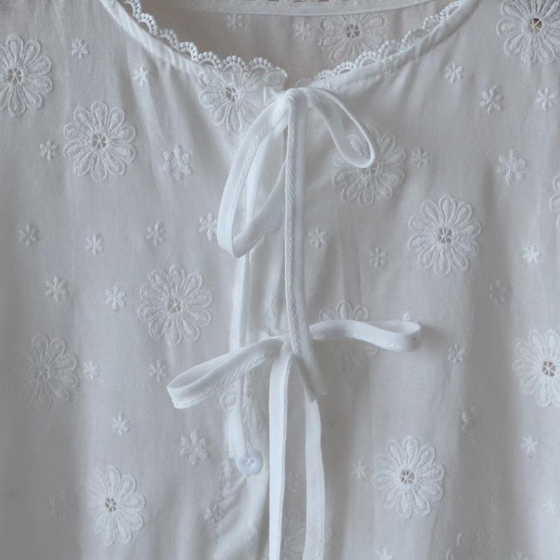 Bi Zheng 2025 Hollow Lace Puff Sleeve Embroidered Shirt for Women