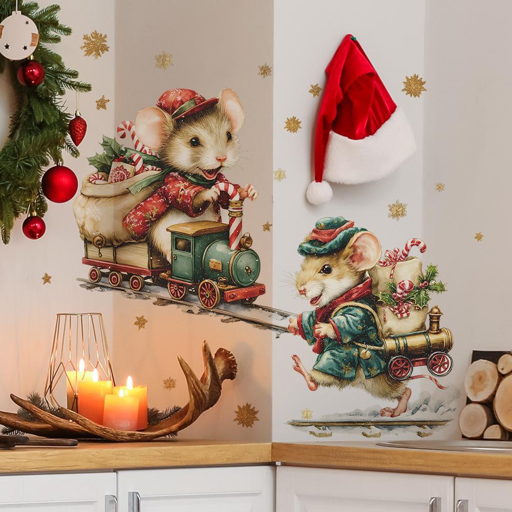 Cartoon Christmas Gift-giving Little Mouse Golden Snowflake Home Beautification and Decoration Wall Stickers