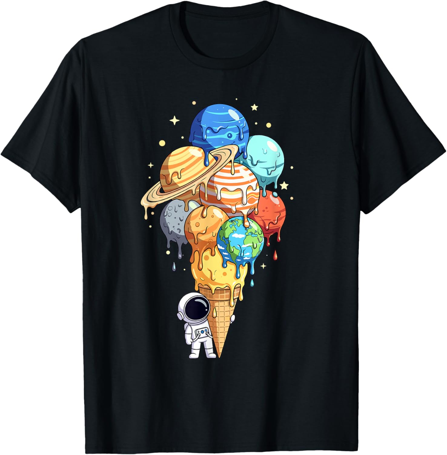 Space planets ice cream cone astronaut T-shirt S