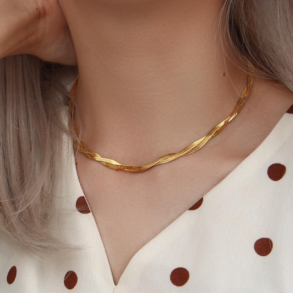 18k Gold Plated Waterproof Braided Herringbone Chain Necklace Bracelets Set Stainless Steel Jewelry for Women
