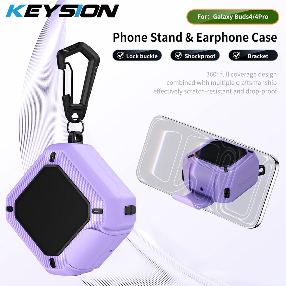 KEYSION Bluetooth Earphone Case for Samsung Buds 4 Pro Silicone+PC With Phone Stand Hook Shockproof Cover for Galaxy Buds4 4 Pro