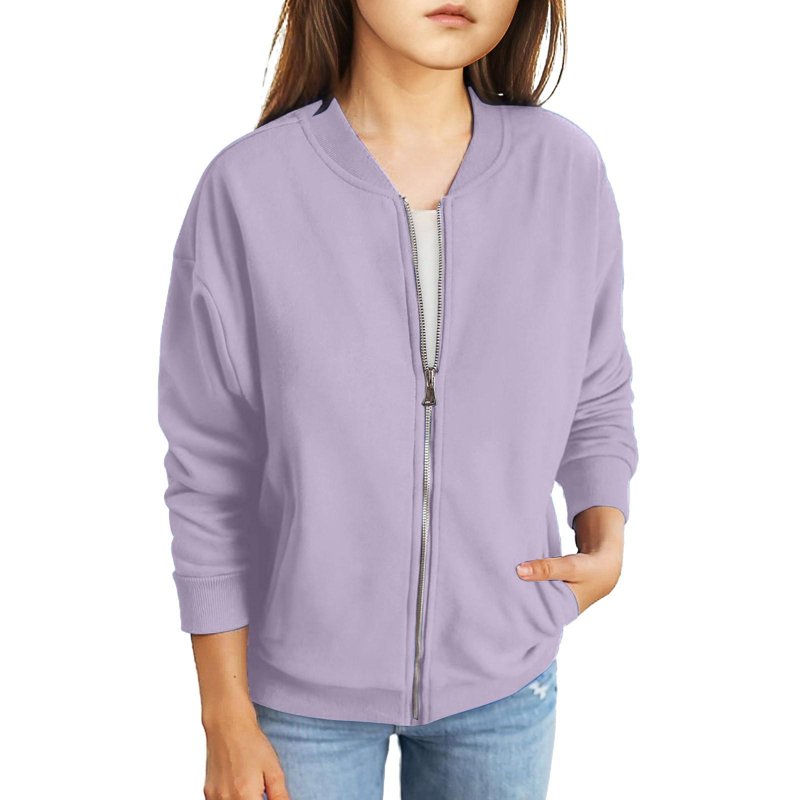 

Куртки на молнии для девочек, детские осенние толстовки с длинными рукавами, верхняя одежда с карманами 5-15 лет 150 светло-фиолетовый