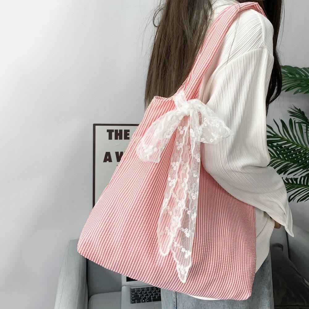 Canvas Striped Shoulder Bag Literary Style Large Capacity Underarm Bag Canvas Hobo Bag  Shopping