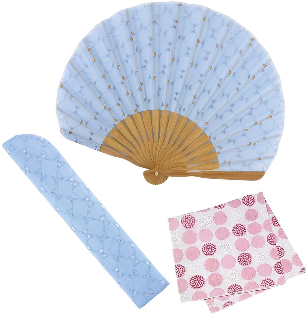 Stylish Business Fan with Fan Bag and Handkerchief Emma Blue [Osaka Choseido] Women's Set, (Light Blue)
