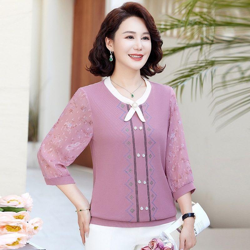 Middle aged and Elderly Mother's Spring and Summer Fashionable T-shirt Knitted Top with Print