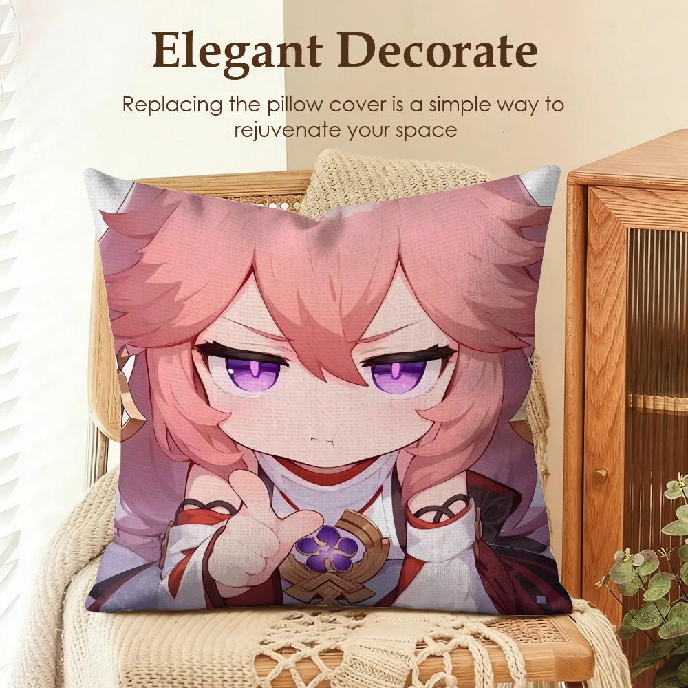 Yae Miko Cute Genshin Impact Cushion Cover Natural Linen Organic Fabric DoubleSided Printing Sofa Home Decor Gift Pillow Case