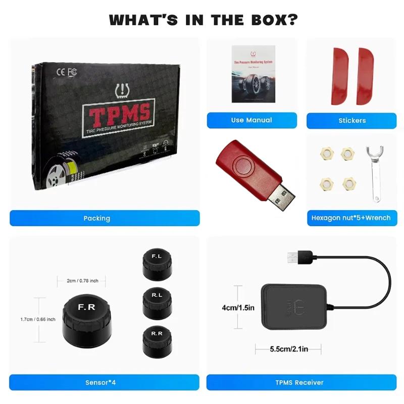 USB Android TPMS Tire Pressure Monitoring System Display Alarm System For Navigation Player Temperature Warning Sensors