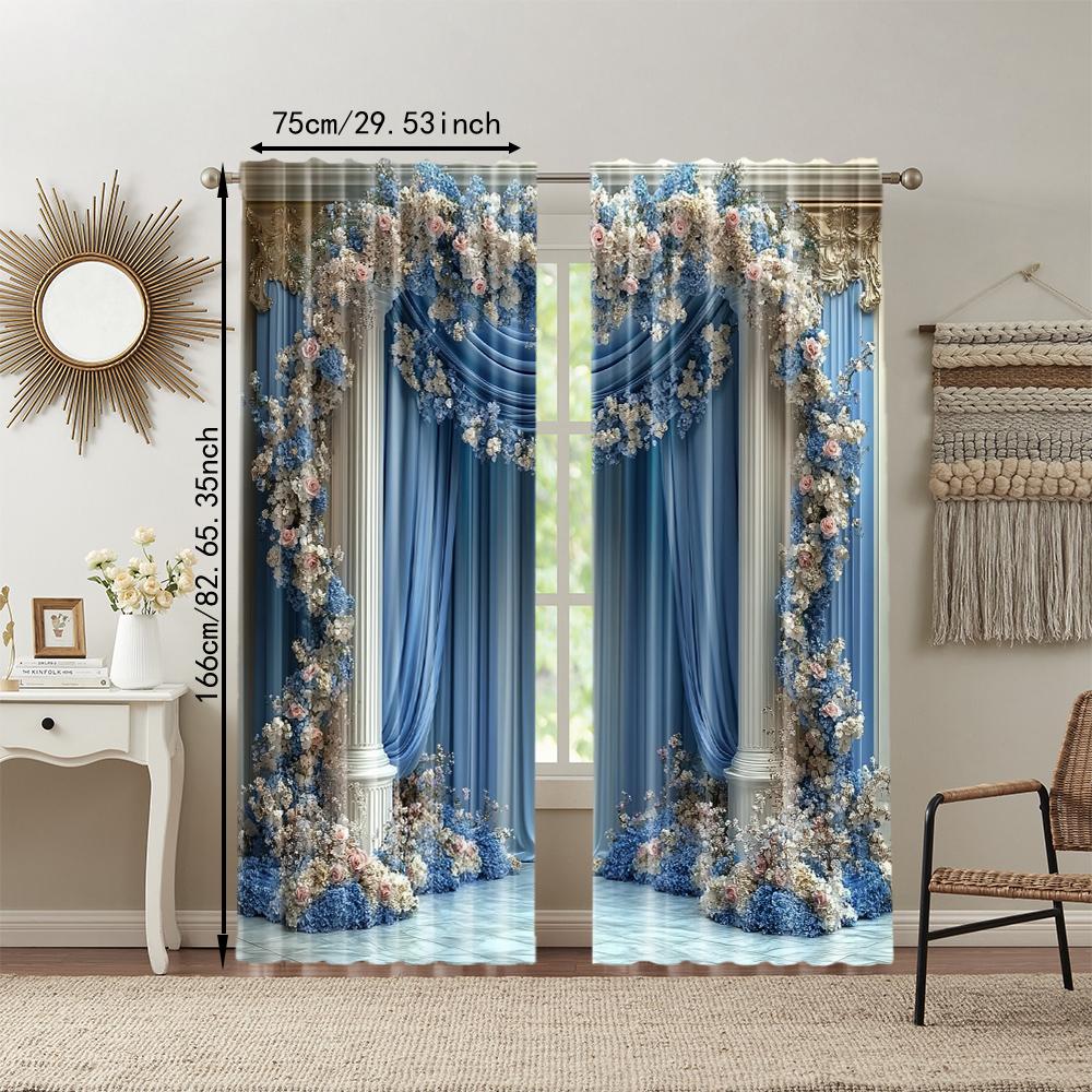 2 pcs   versatile polyester transparent curtains for home decoration Blue and White Floral for use in bedrooms and living rooms