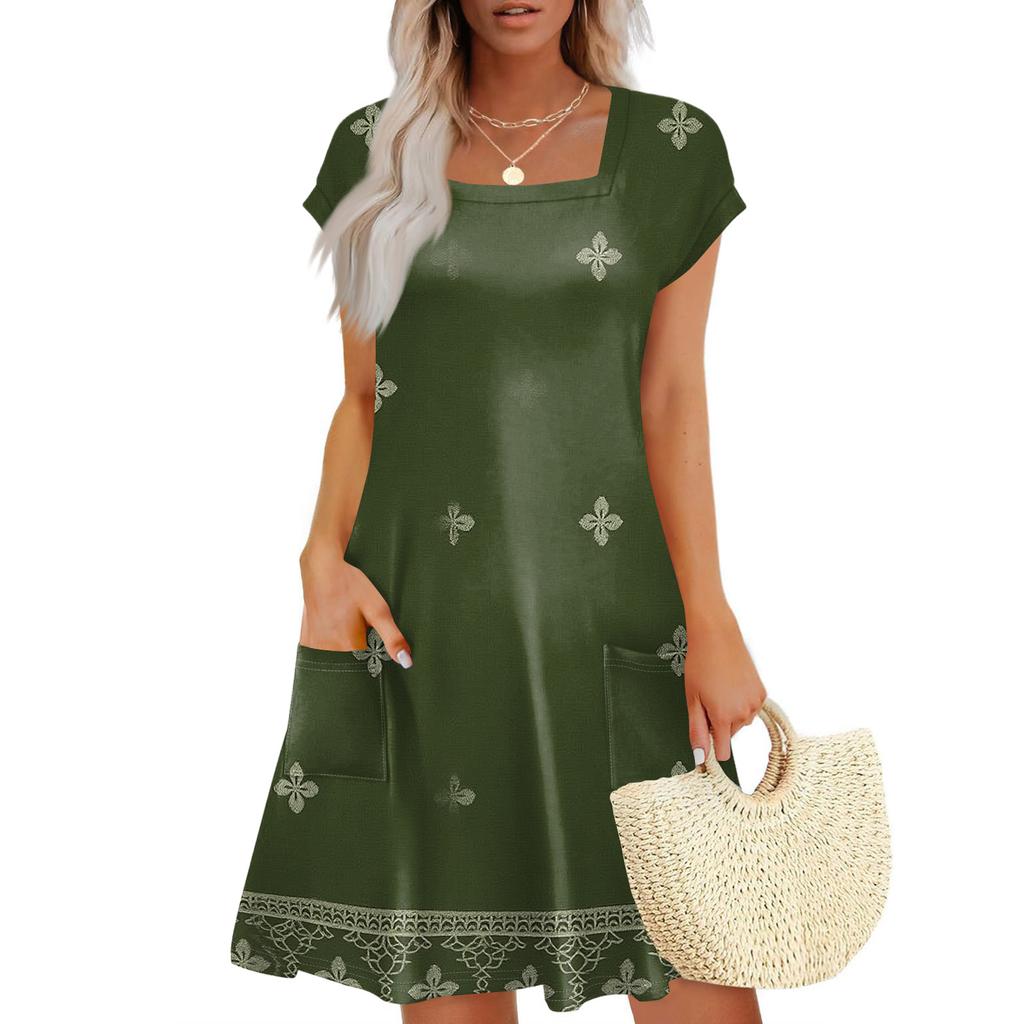 Summer Dresses For Women Loose Square Neck Cap Sleeve Casual Beach Vacation Tshirt Dress Sundresses With Pockets