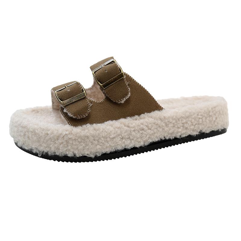 

2025 autumn new belt buckle thick bottom fluffy slippers women wear warm Korean version one word lazy cotton slippers tide 41