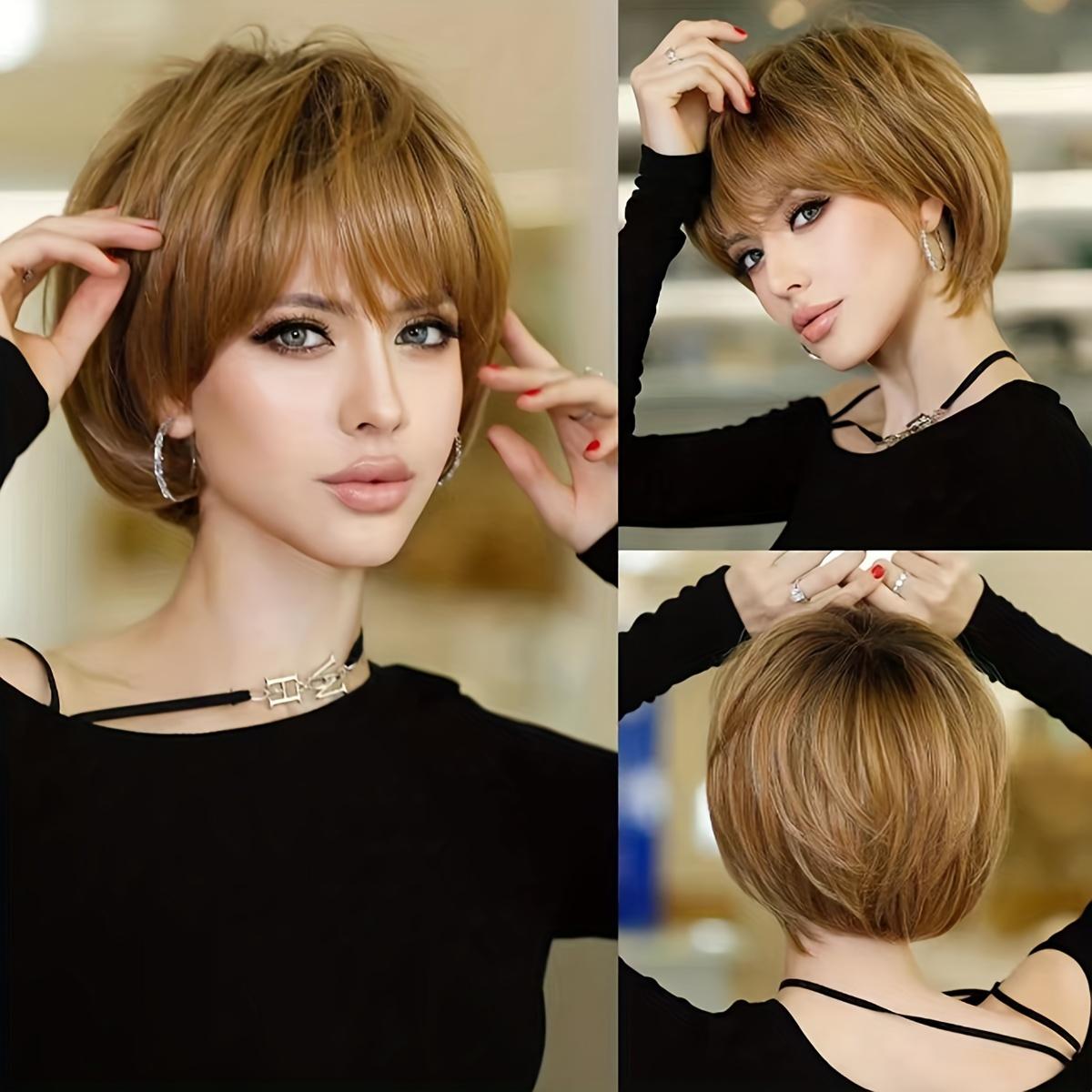 

Элегантный смешанный коричневый парик с стрижкой пикси с челкой для женщин — натуральные синтетические волосы, термостойкие, универсальный стиль