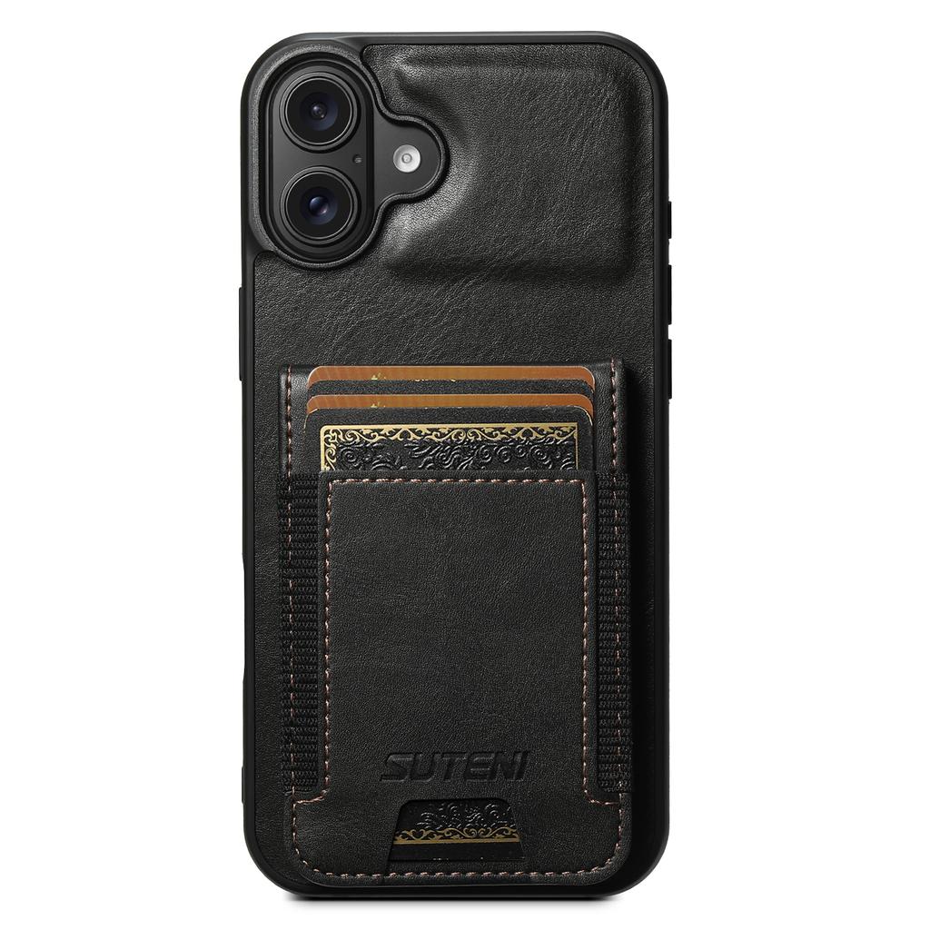 SUTENI H03 For iPhone 16 Case Card Holder Waxy Texture Leather+TPU Phone Cover
