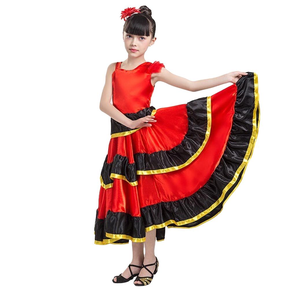 Mädchen Farbblock Tanzkleid Asymmetrische Schulter Stufenrüschen Weiter Saum Flamenco Kostüm Kopfbedeckung