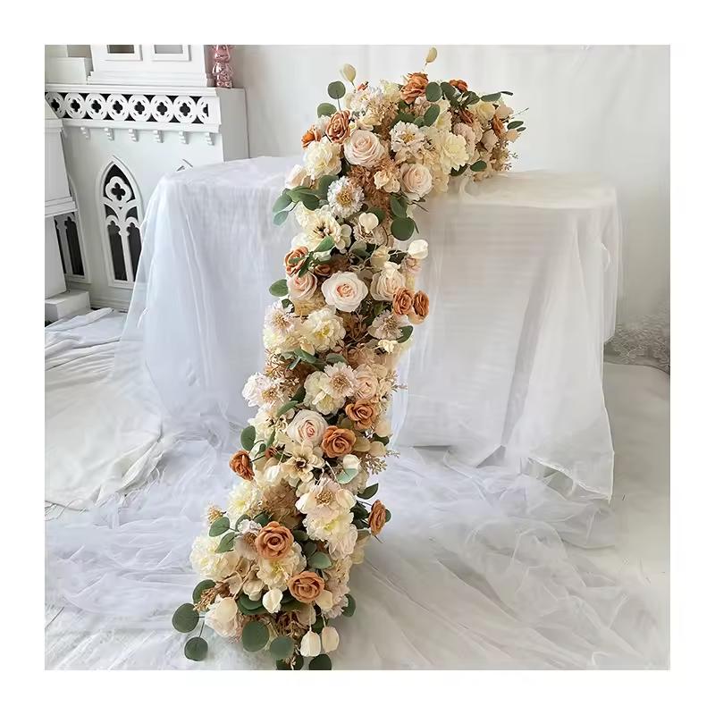 200cm champagne Atficial Flower Row Runner Elegant Center Stage Background for Wedding Party Home Decoration