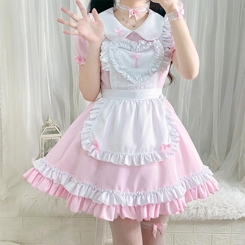Japanese Classic Anime Maid Dress Cross Nurse Cosplay Maid Restaurant Uniform Pink White Dress Woman