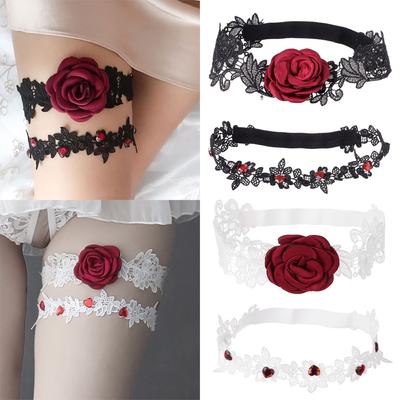 1PC Donne Giarrettiere con Fiori di Rosa Rossa Matrimonio Pizzo Anello da Gamba Set Cintura Anello da Coscia Accessori Abbigliamento da Donna Giarrettiera Sospensiva da Gamba
