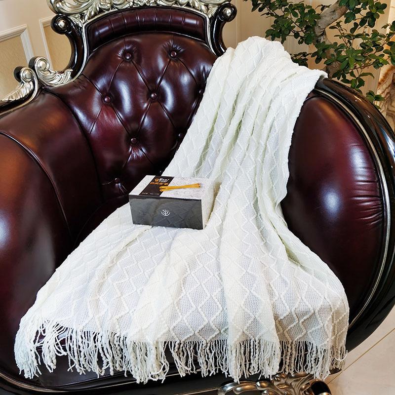 Soft and Comfortable Solid Color Throw Blanket Knitted Sofa Blanket Car Rhombus Air Conditioning Blanket Tassel Nap Wool Blanket