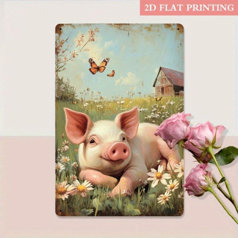 Funny Pig in Meadow Metal Tin Sign Wall Decor 20x30cm