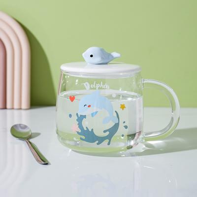Hitzebeständige Glastasse Nordische Tasse Zuhause Büro Paar Delfin Tasse Milch Kaffee Tasse mit Deckel Löffel
