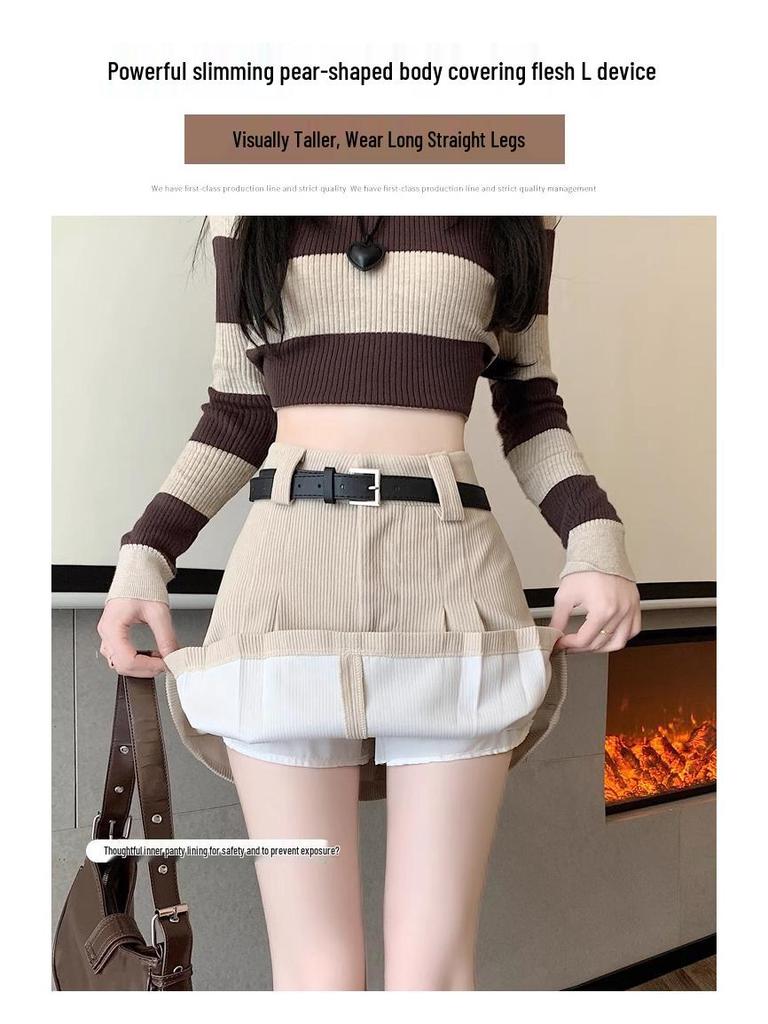Women's High Waist Khaki Corduroy A-Line Mini Skirt - Petite Slimming Pleated Design for Autumn/Winter 2024