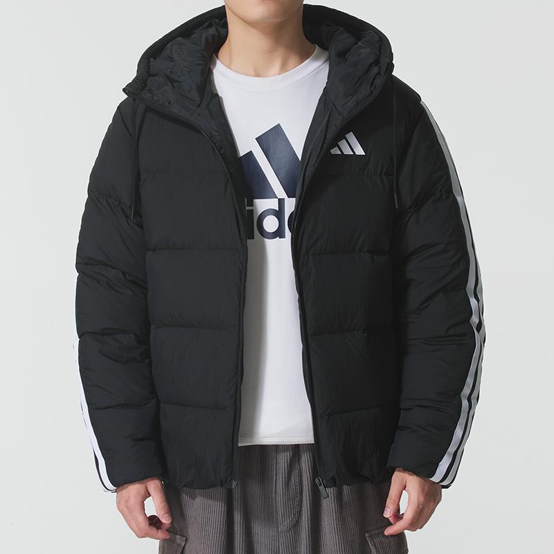 adidas Essentials 3-Streifen Outdoor Warm Winddicht Kapuze Reißverschluss Entendaunen Locker Geschnitten Pufferjacke Herren Jacke Schwarz KH3987