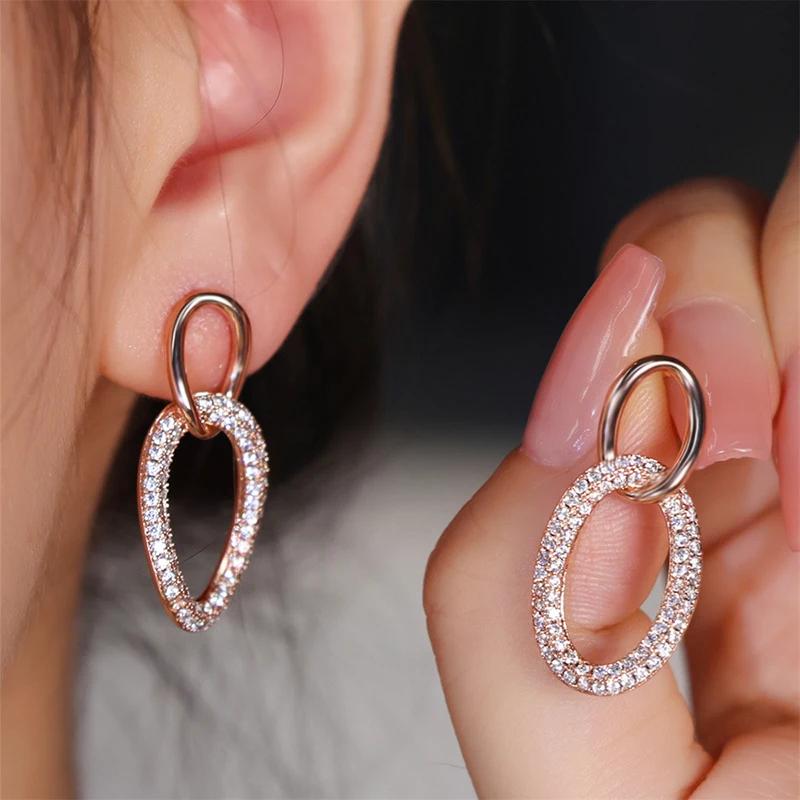 Huitan Double Rings Interlock Design Drop Earrings Brilliant Fashion Novel Jewelry for Wedding Party Gorgeous Women Accessories