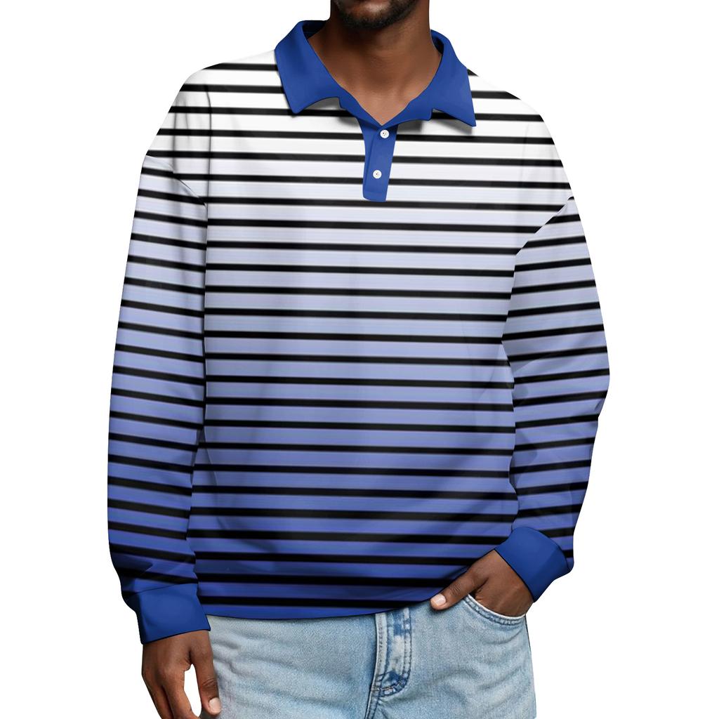 Men's Casual Striped Print Button-Up Long-Sleeve Tops