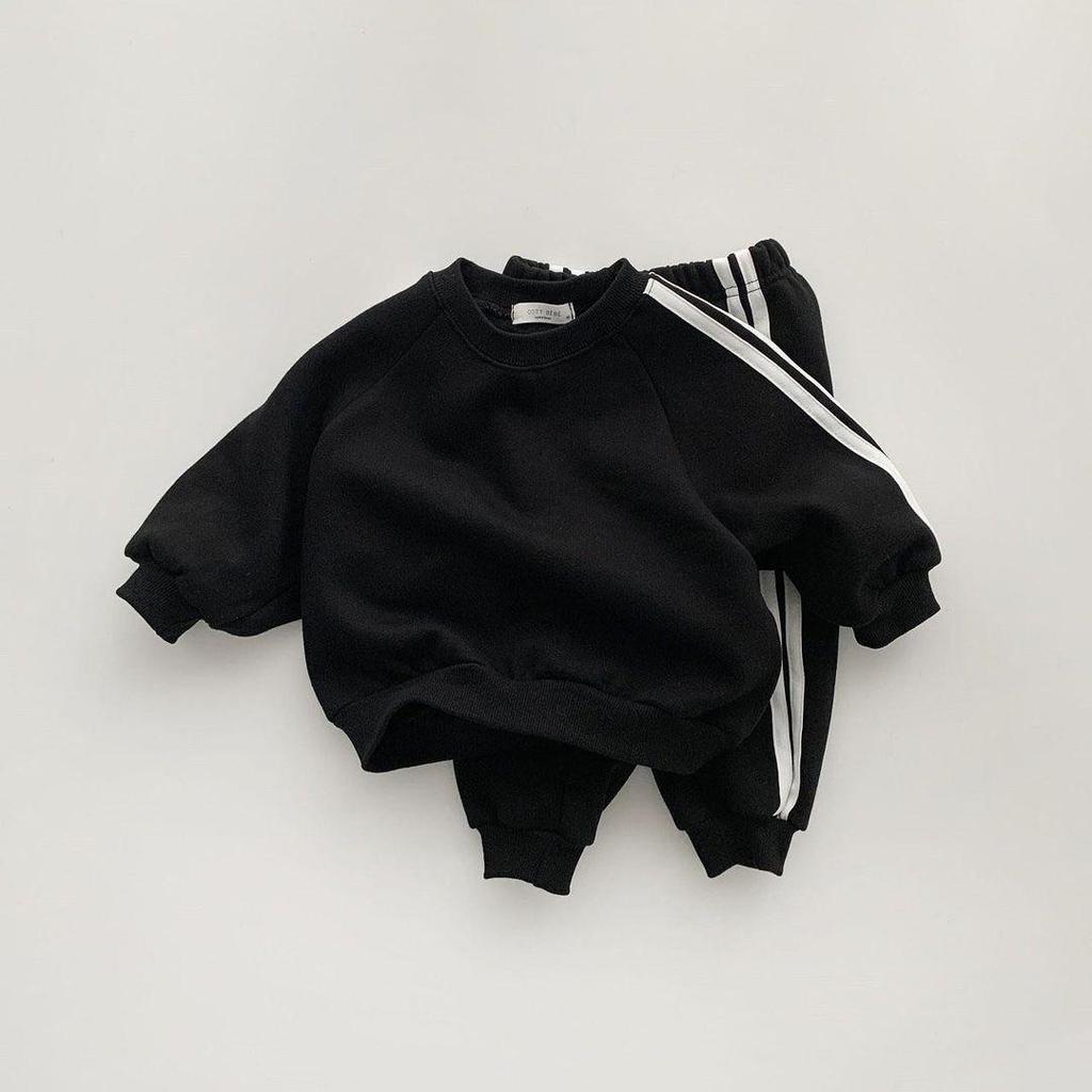 Korean Children's Side Stripe Cotton Sweatshirt & Pants Set for Boys and Girls - Autumn/Spring Casual Style