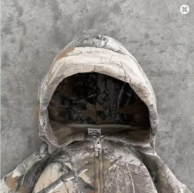 Y2K Retro Zip Up Hoodie Men Camouflage Pattern Zipper Sweatshirt High Street Hip Hop Streetwear Oversized Unisex Camo Hoodie