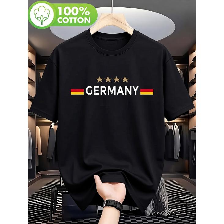 Men's Oversized Black Cotton T-shirt with Germany Flag Graphic, Short Sleeve Crew Neck Relaxed Fit Soft Breathable Casual Streetwear