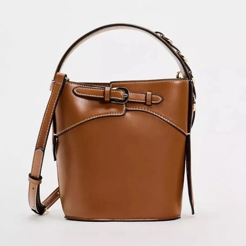 Vintage Buckle Design Women's Bucket Bag Solid Color Pu Leather Lady Daily Commuting Shoulder Crossbody Bag Autumn New Arrivals