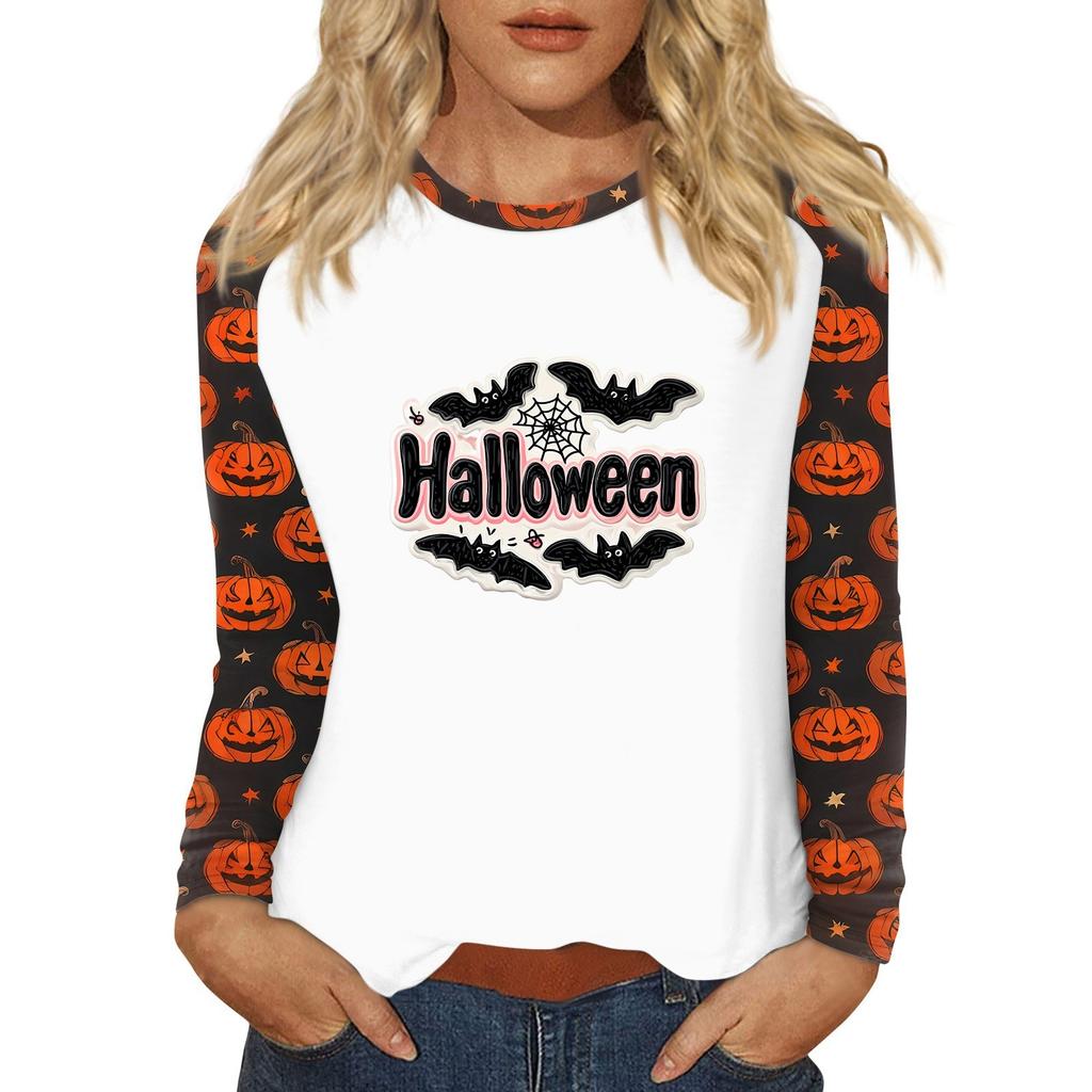 Women's T Shirt Halloween Print Long Sleeve Daily Fashion Basic Round Neck Raglan Sleeve Top