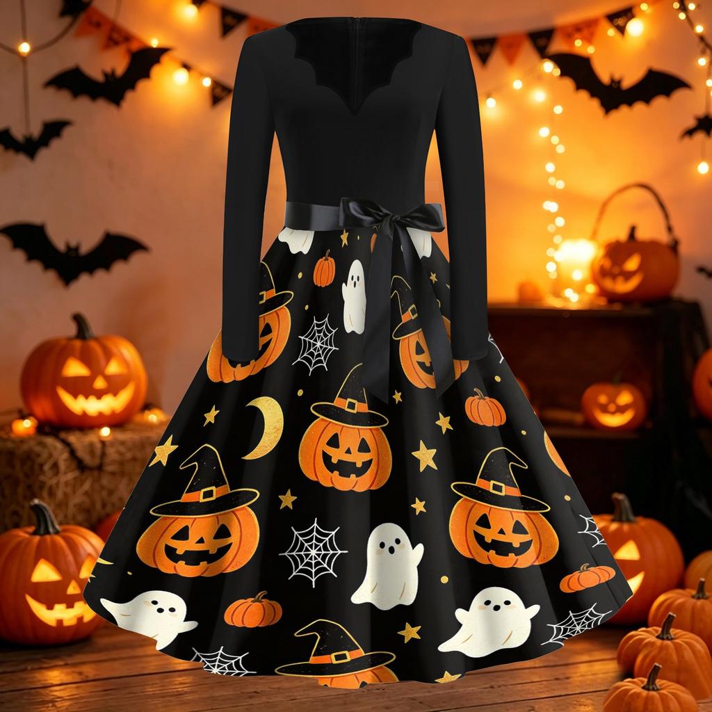 Womens Vintage V Neck Dress Halloween Print Long Sleeve Casual Retro Swing Dress with Waist Tie Belt and Flared Skirt for Party