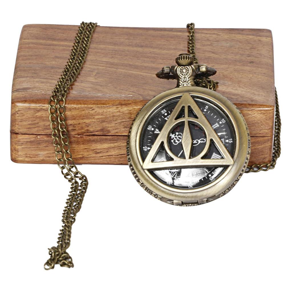 Triangle Analog Locket Pocket Watch with Long Chain and Roman Numbers Jewellery Necklace with Wooden Box for Women and Men