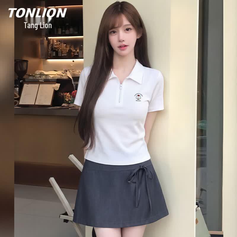 TonLion Women s Casual Polo T-shirt & A-line Skirt Set S