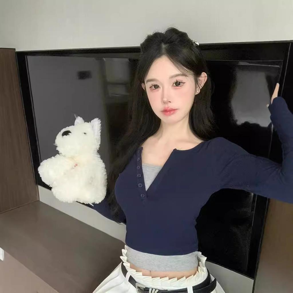 Splicing Contrasting Color Fake Two-piece Long-sleeved T-shirt Women's Autumn Design Sense Niche Slim and Thin Chic Bottoming Shirt Top
