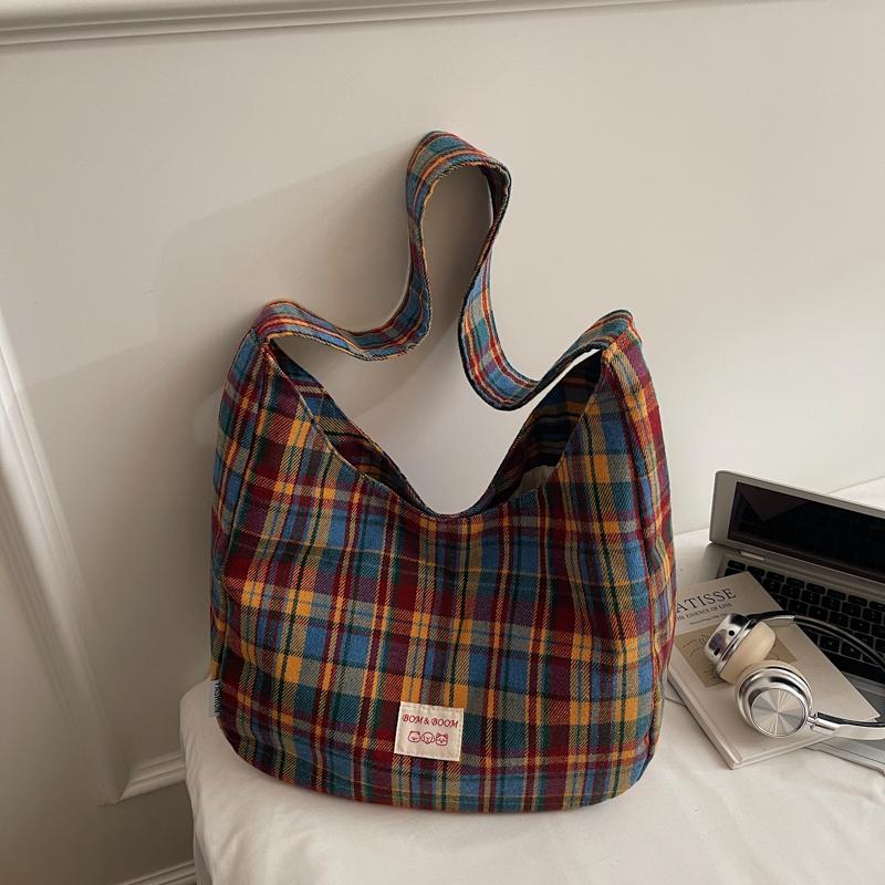 Vintage Plaid Handbag Lightweight Large Capacity Commuter Shoulder Bag