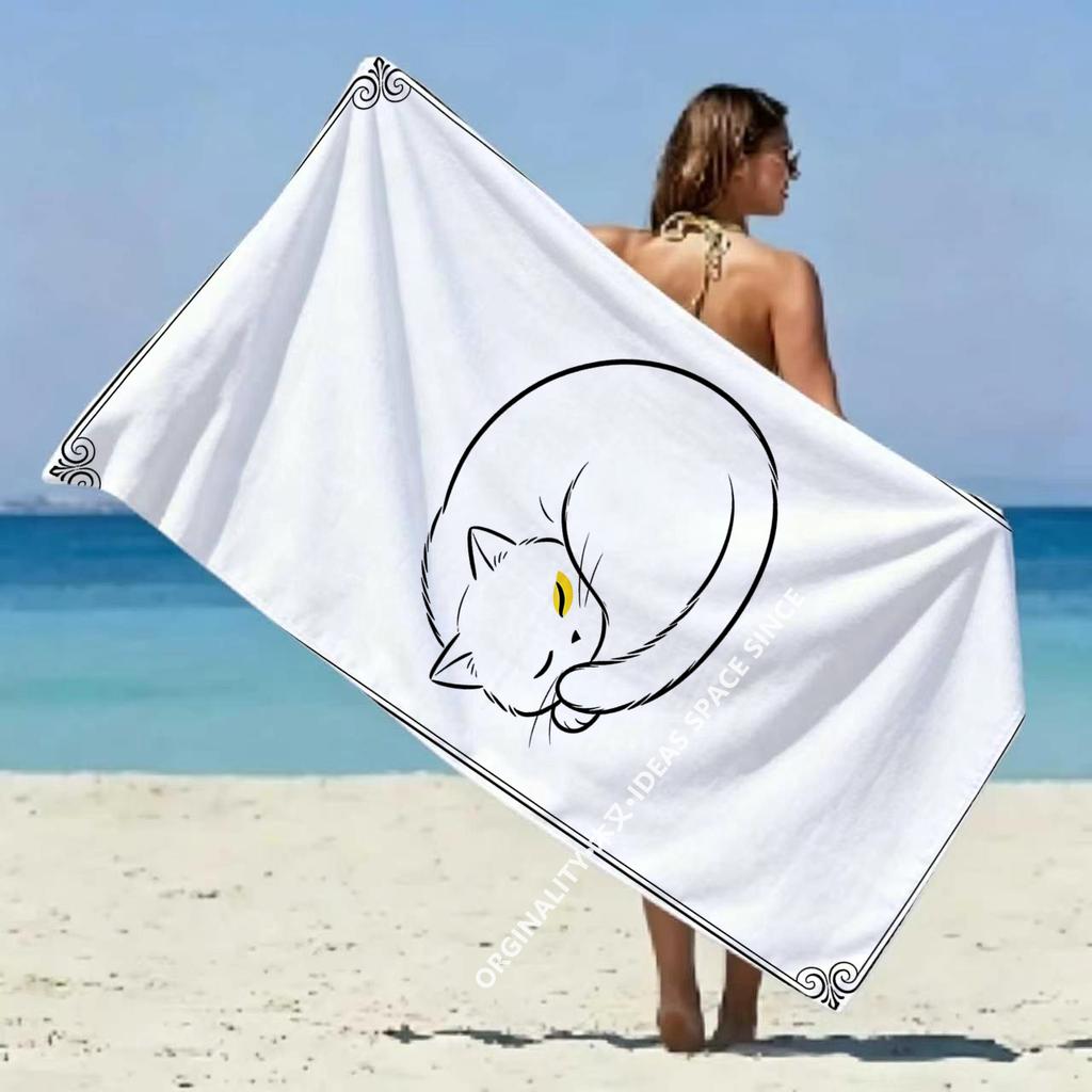 Minimalist Line Art Cat Beach Towel Patterned Sunscreen And Windproof Suitable For Swimming Pool Camping Travel Blanket